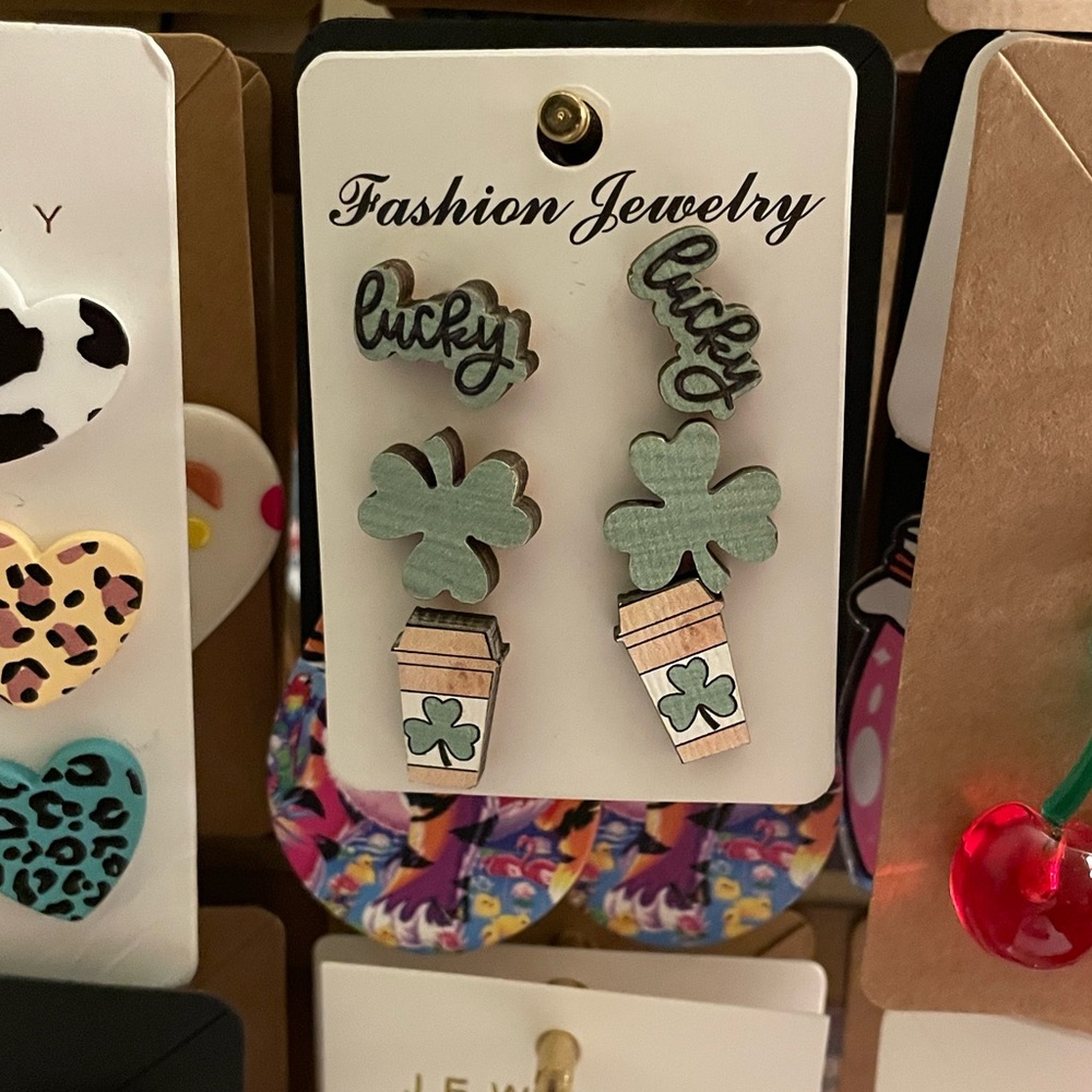 Fashion Jewelry Mint Green Lucky Clover & Coffee Cup Stud Earrings